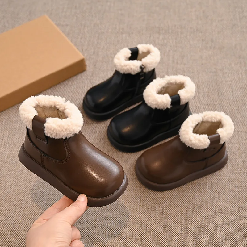 Toddler Girls Furry Cuff Ankle Boots Little Kids Side Zipper Fleece Lined Warm Snow Booties Non-Slip Rubber Sole Short Boots