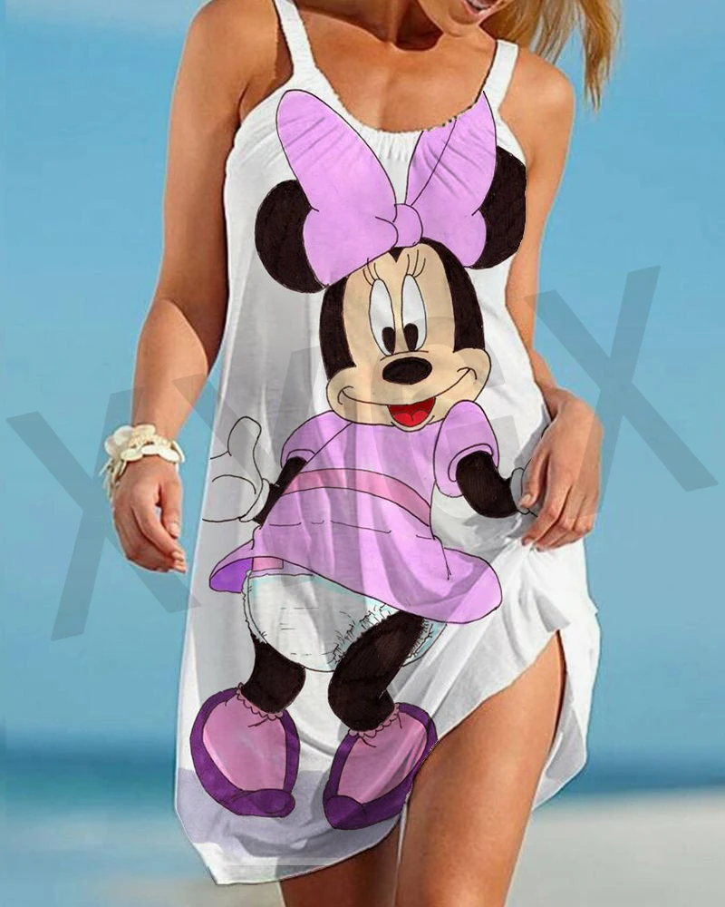 Minnie Mouse Elegant Dresses For Women Woman 2024 Disney Beach Dress Mickey Dress Fashion Top Print Casual Loose Oversized Dyr