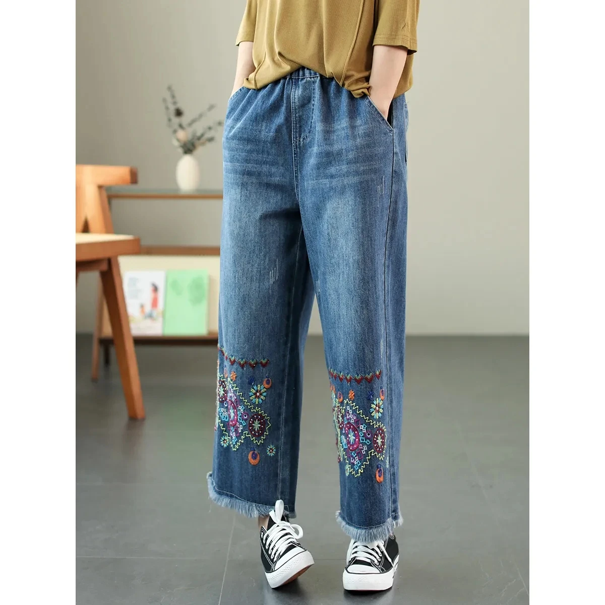 Ethnic style Jeans For women 2026 Spring Autumn Collection Elastic High waisted Embroidered Loose Nine quarter Wide leg Pants