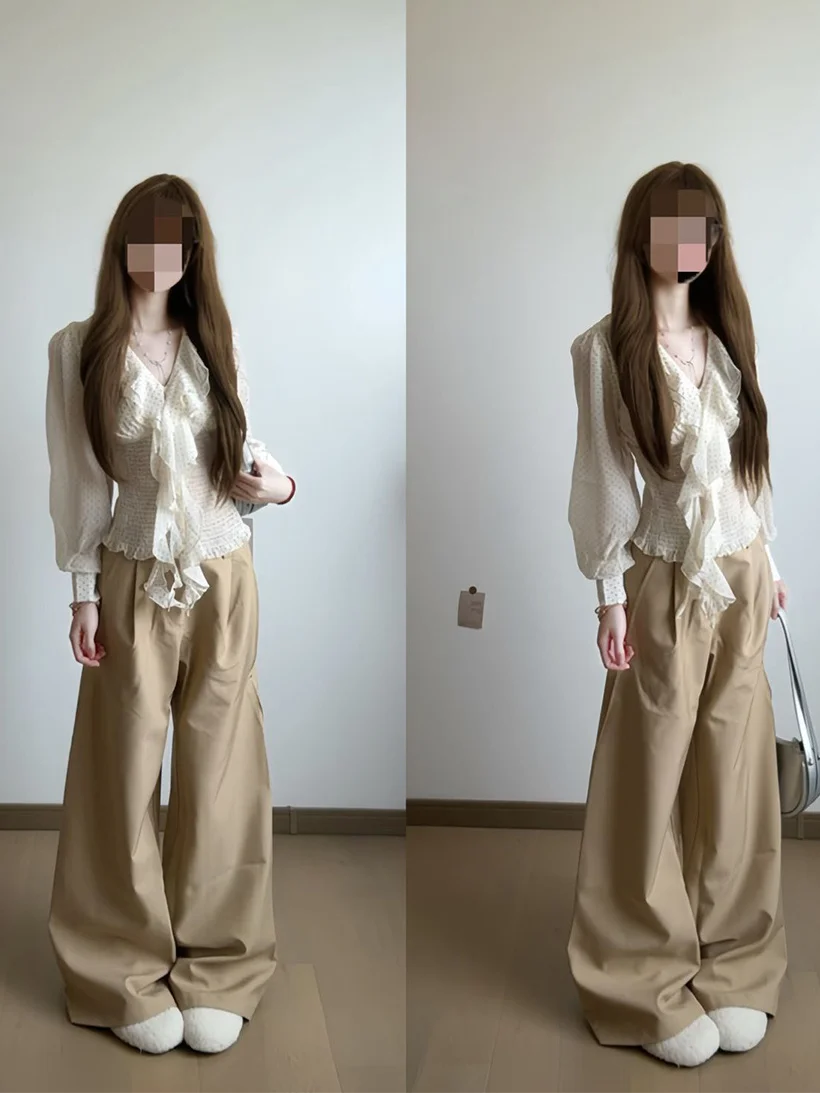 

French Style Long Sleeve V-Neck Polka Dot Chiffon Top Women's Early Spring Slimming Belted Spicy Girl Shirt Cotton Polyester ...