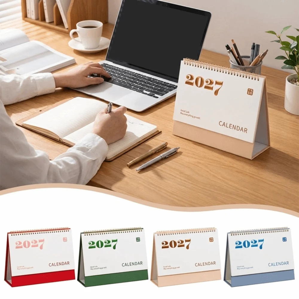 Durable 2027 Desk Calendar Minimalist Double Ring Binding Self-Discipline Tracker Paper Thickened Base Office Calendar Workspace
