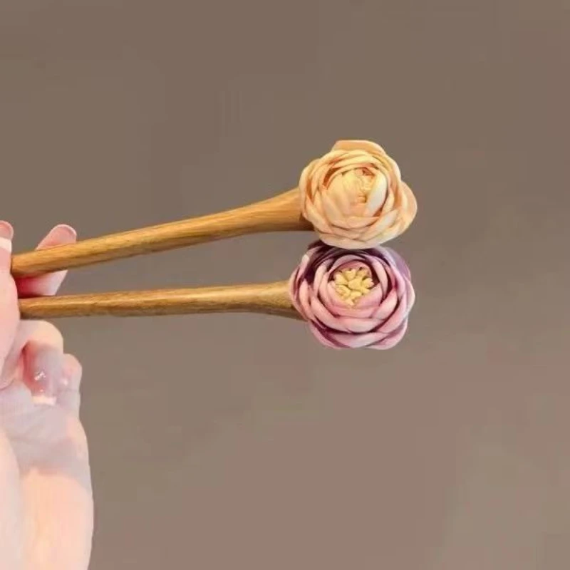 Flower Sandalwood Hairpin Retro Versatile Fashionable Hair Pin Ancient-Style Hanfu Hair Accessories Hair Chopsticks for Women