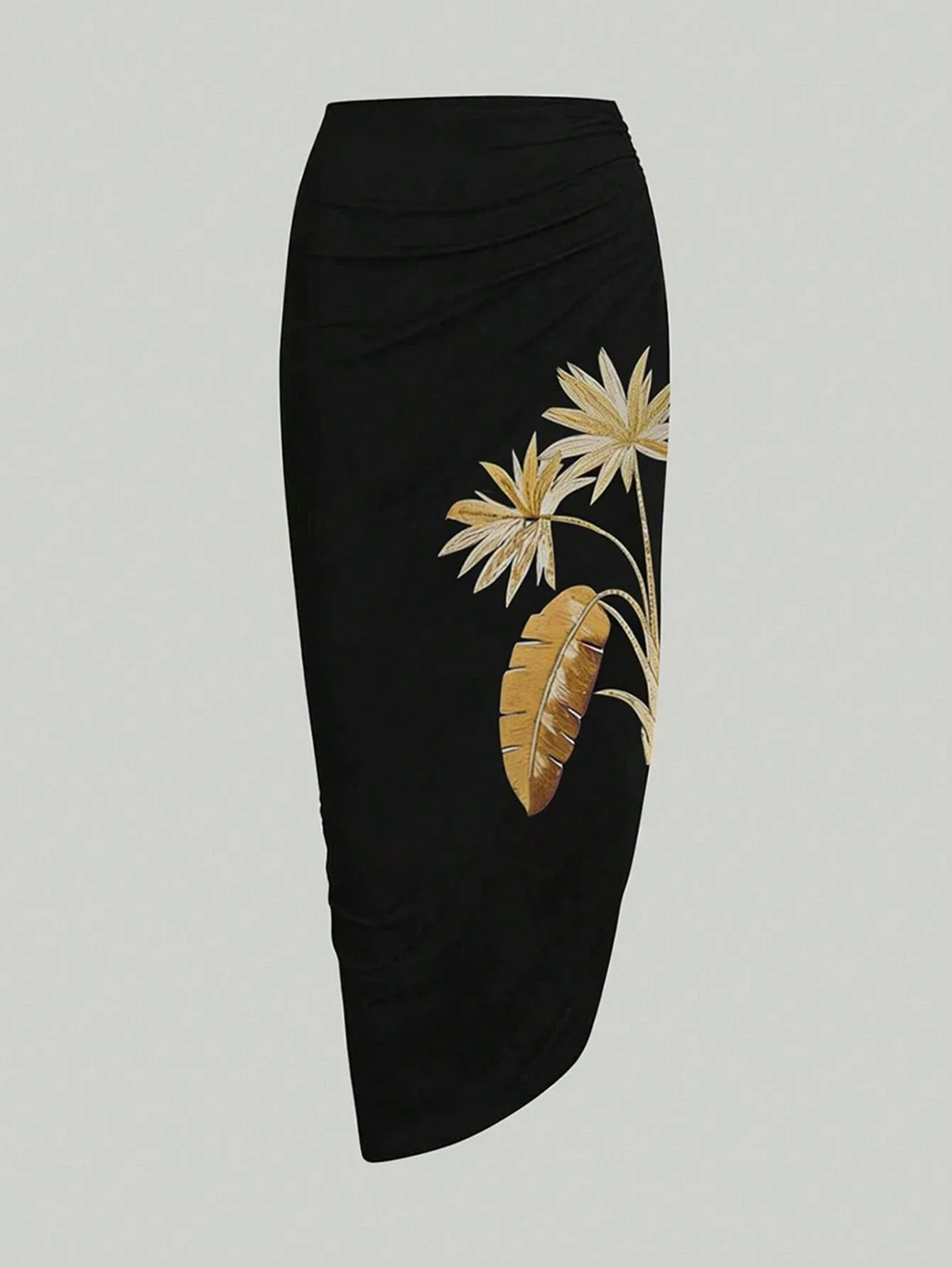 

Black Plant Print One-Piece Swimsuit With Matching Skirt Set Women Beach Vacation Outfit