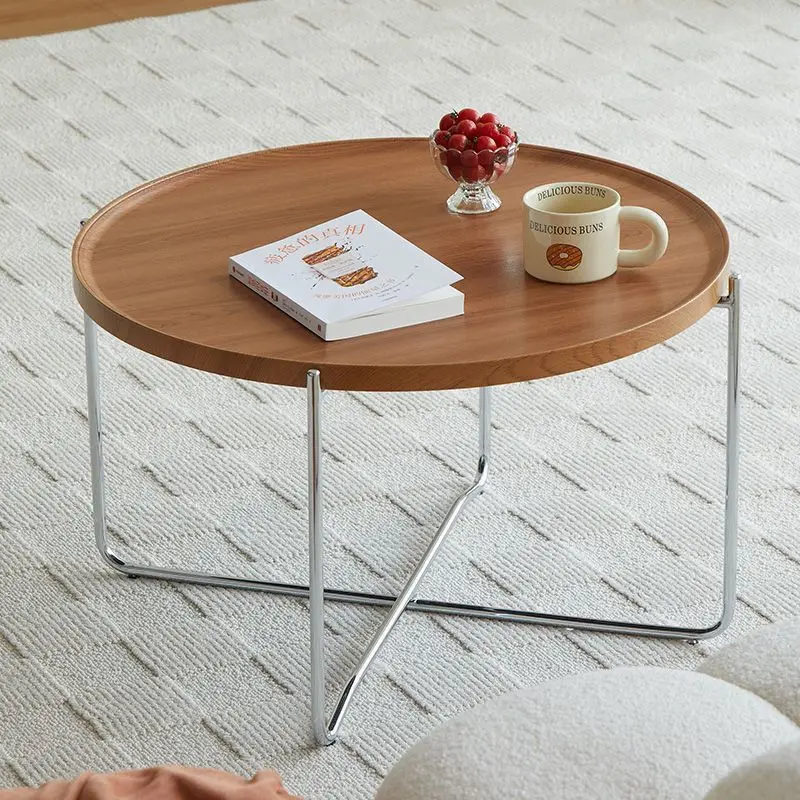 Mid Century Modern Round Coffee Table Walnut Wood Grain Top Chrome Metal Legs Foldable Small Accent Side End Table For Living