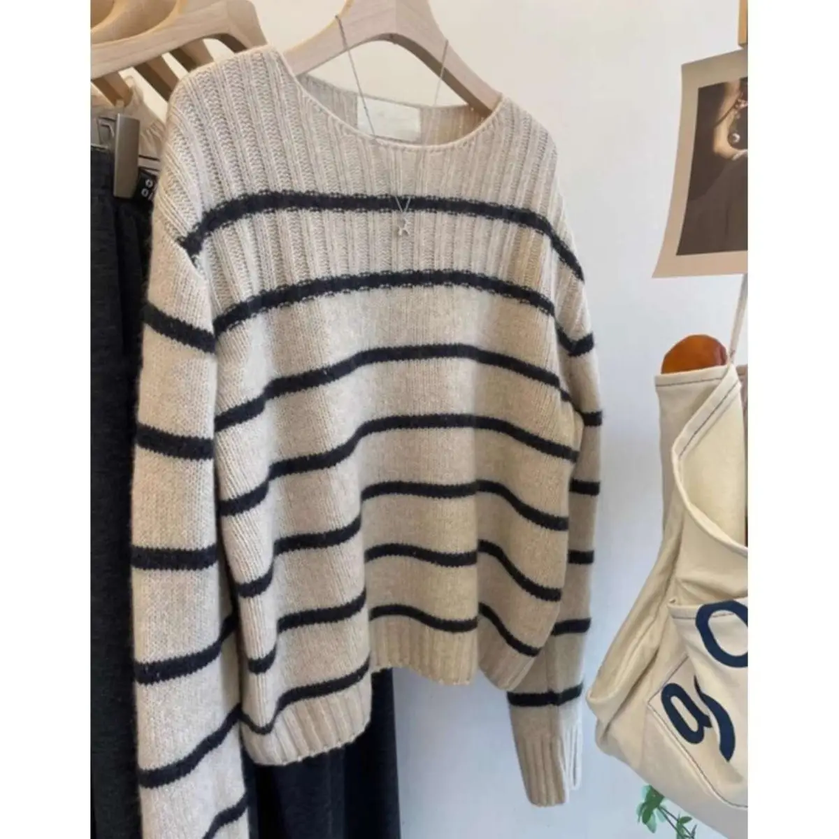 Gagaok Korean Fashion Sweater Women Contrasting Striped Gentle Pullover Clothes 2024 Early Autumn Round Neck Knit Top Pulls