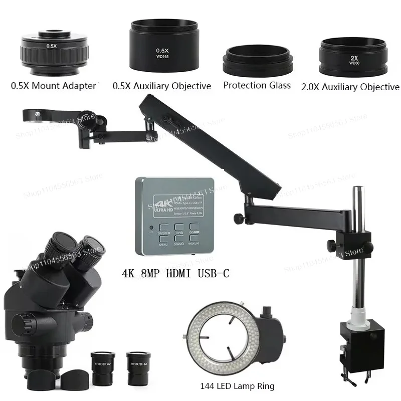 3.5X-90X Parfocal Trinocular Stereo Microscope, Simul Focus Articulating Arm Pillar Clamp, 55MP 48MP 24MP 4K HDMI USB Camera