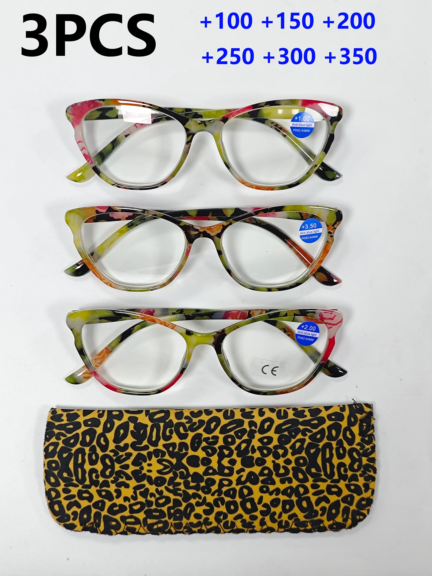 

3PCS Floral Reading Glasses with Anti-Blue Light Lenses Spring Loaded Arms Comfortable Fit No Pinching