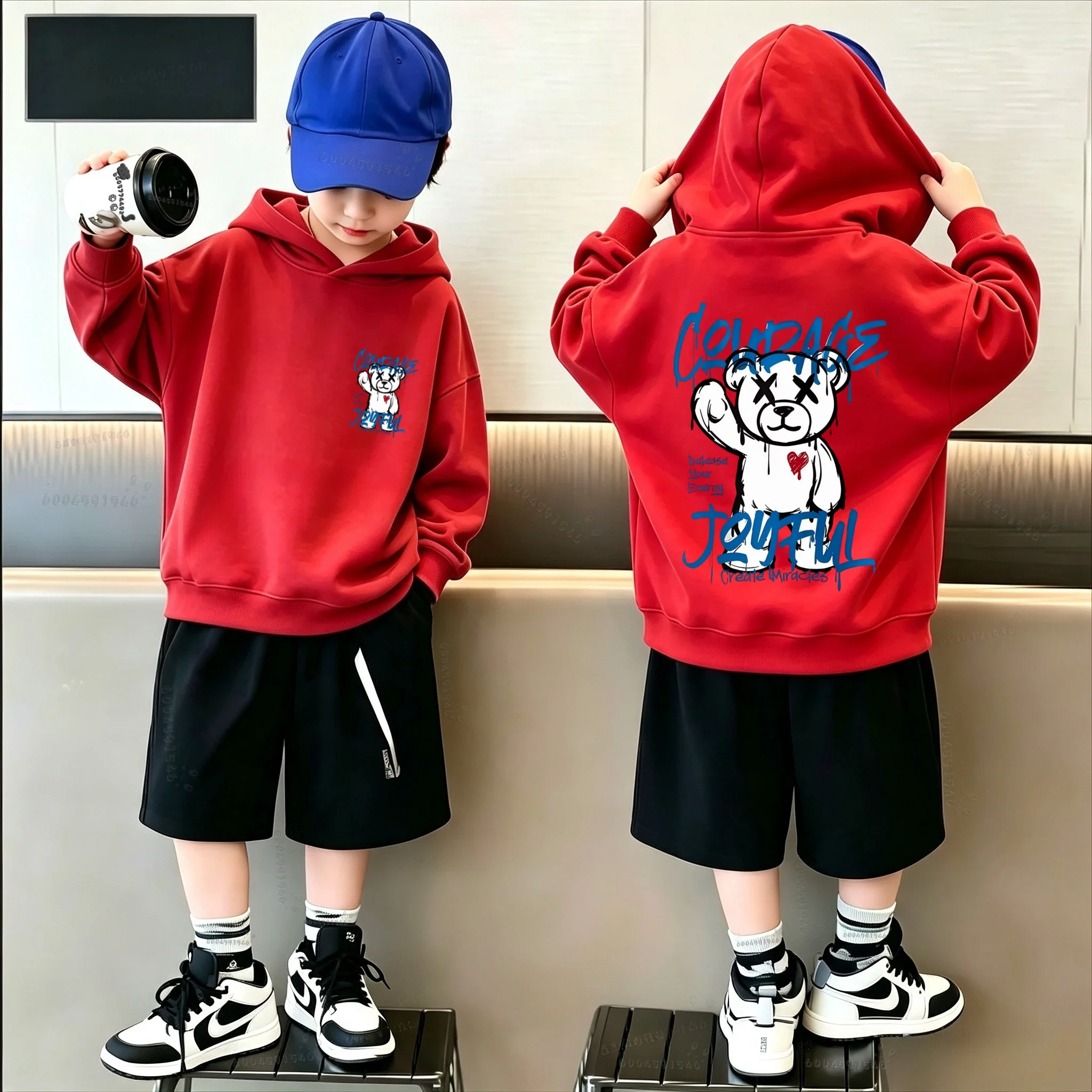 Y2K trend children's hooded sweatshirt with brave and happy bear pattern on both sides of the print, casual hooded sports shirt