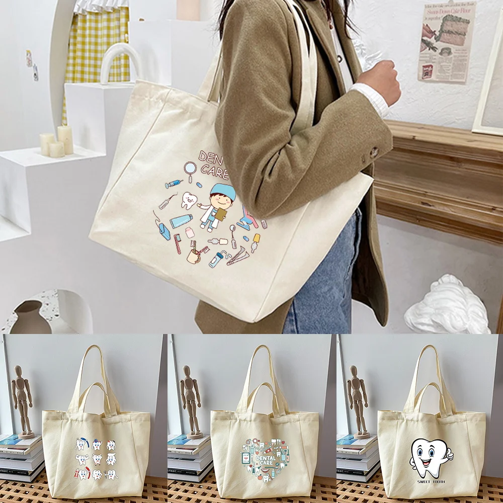 

Canvas Shopping Bag Female Teeth Series Shoulder Bag Women New Eco Handbags Tote Reusable Grocery Shopper Bags Students Book Bag