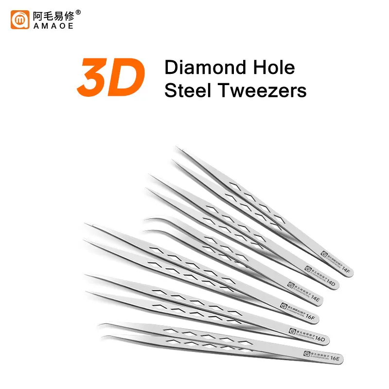 AMAOE 3D Straight/Curved Tweezers for Mobile Phone Tablet Repair  Precision Jump Wire Diamond Hole Stainless Steel Tweezers Tool