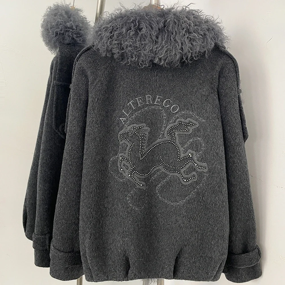 OFTBUY Neue Winter-Oberbekleidung für Damen, Kurzer Doppelreihiger Wollmantel, Natürliches Lockiges Echtfell von Mongolischem Schaf, Großer Reverskragen, Wolljacke – Detail 13