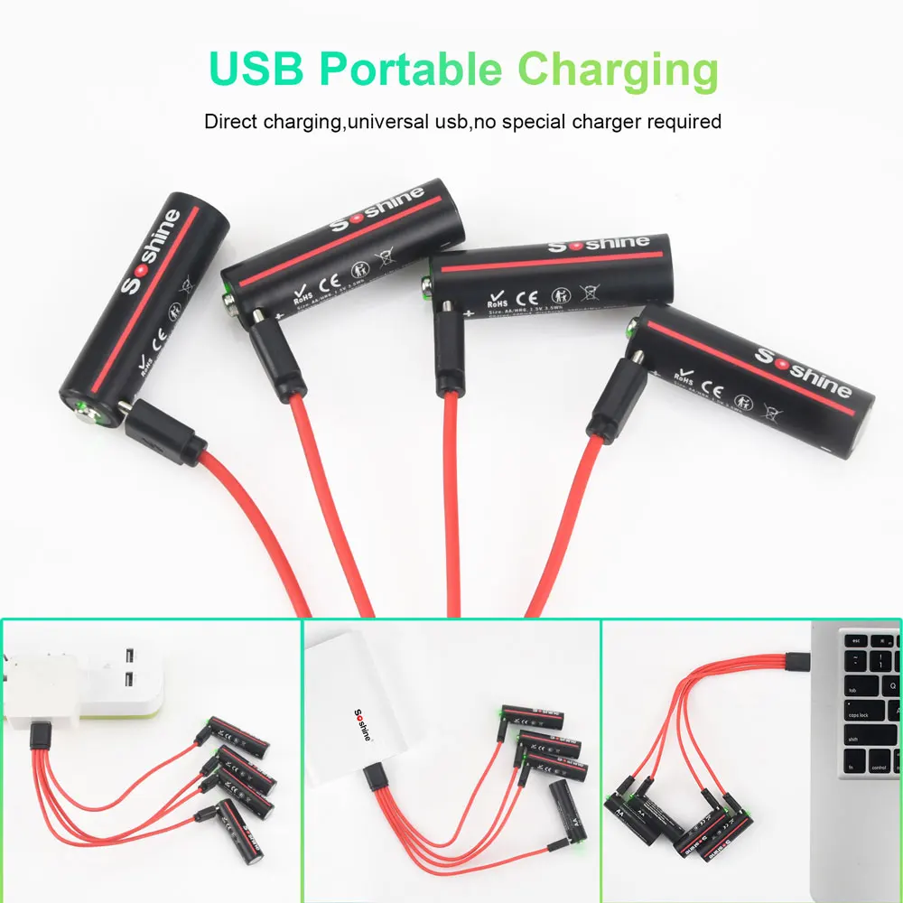 Soshine 30pcs 1.5V lithium Battery 3500mWh AA USB Rechargeable Battery 800 Cycle Time for Mouse Electric Toothbrushes Game Toys