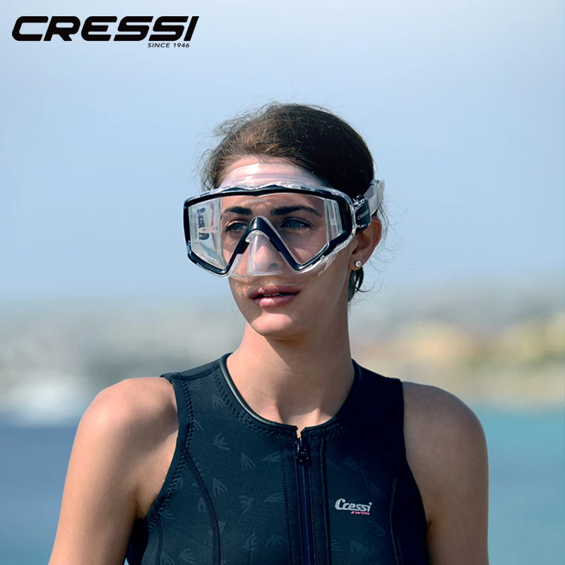 Cressi Swimming Diving Mask Snorkeling Scuba Snorkel Tempered Glass Three-Lens for Adults Pano3 Dry