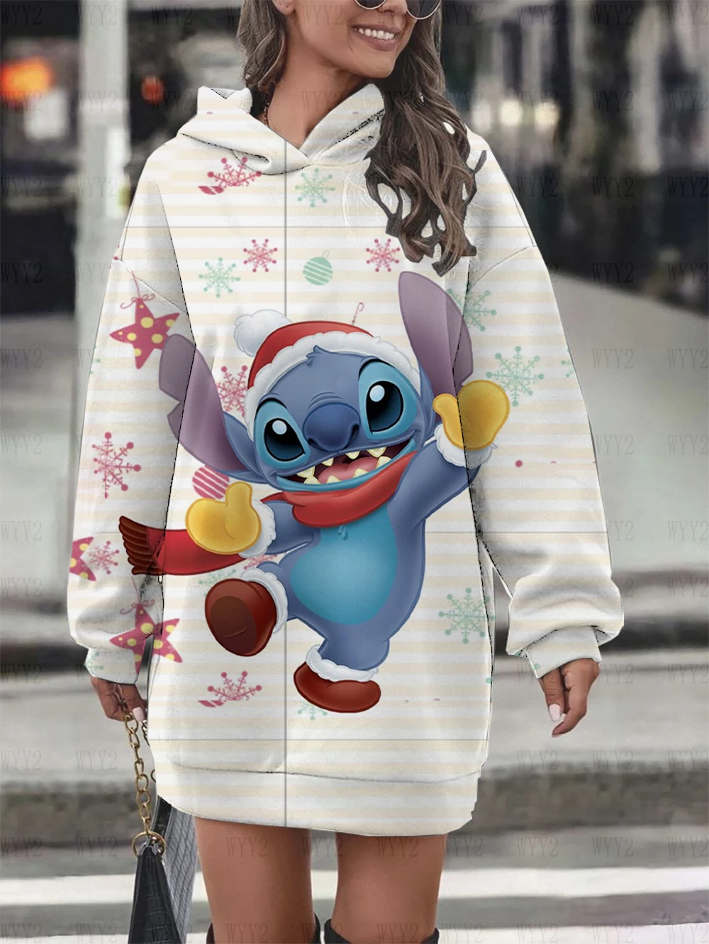 Christmas Disney Stitch print women\'s elegant fashion casual pullover hoodie new autumn and winter sweater dress