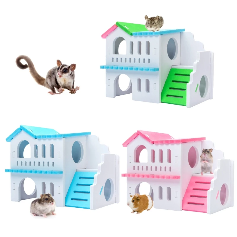 Hamster Wooden House Nesting Habitat Small Animals Colored Play Hut Villa Chew Toys for Dwarf Hamster Sleep 2 Colors Rat cage