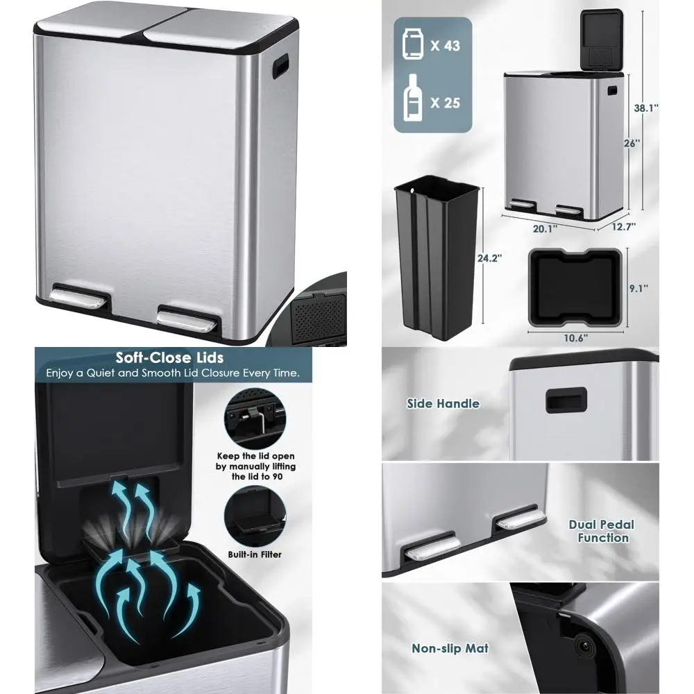 

Hands-Free 16-Gallon Dual Kitchen Trash Can with Built-In Odor Control and Soft-Close Lid for Waste Recycling and Dustbin Manage