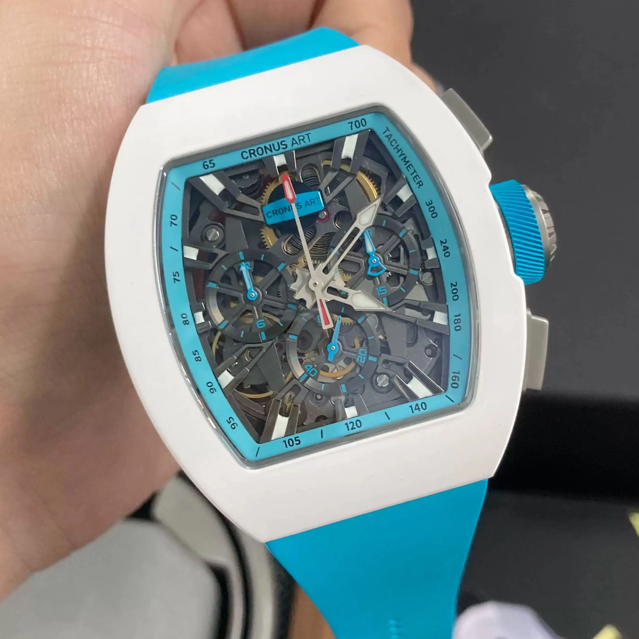 CRONUSART Men Chronograph Watch Tonneau Automatic Mechanical Wristwatch Waterproof Sapphire Mirror Luminous Skeleton FKM Strap