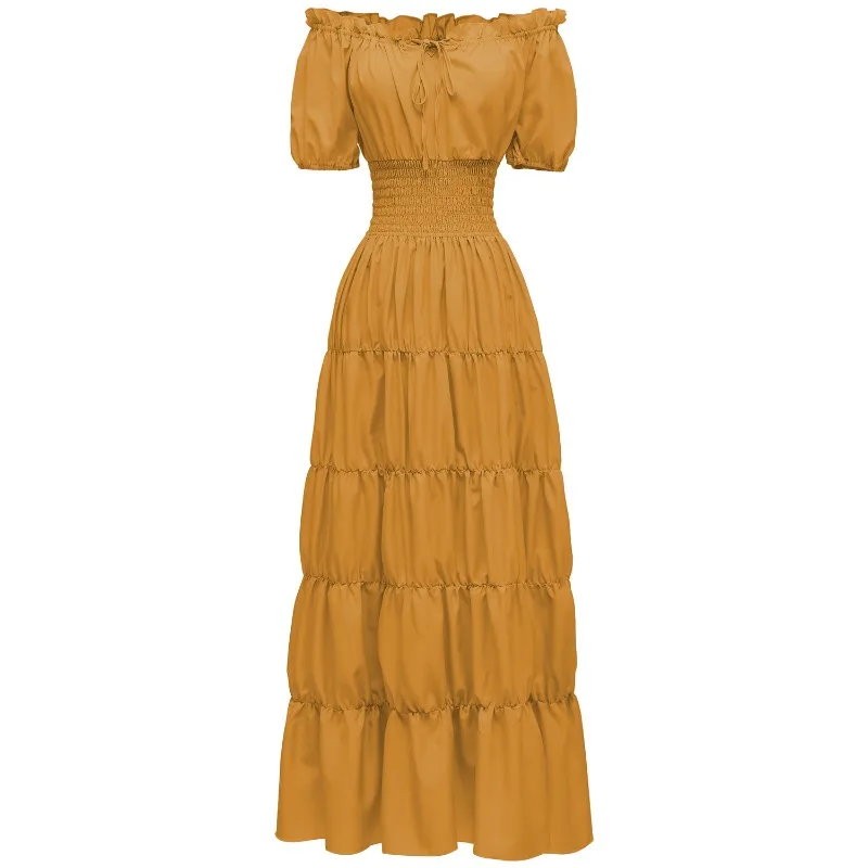

Summer Elegant Waisted Long Dress Solid Color Off Shoulder Elastic Waist Retro Pleated Long Dress Y2k French Lace Up Ropa Mujer