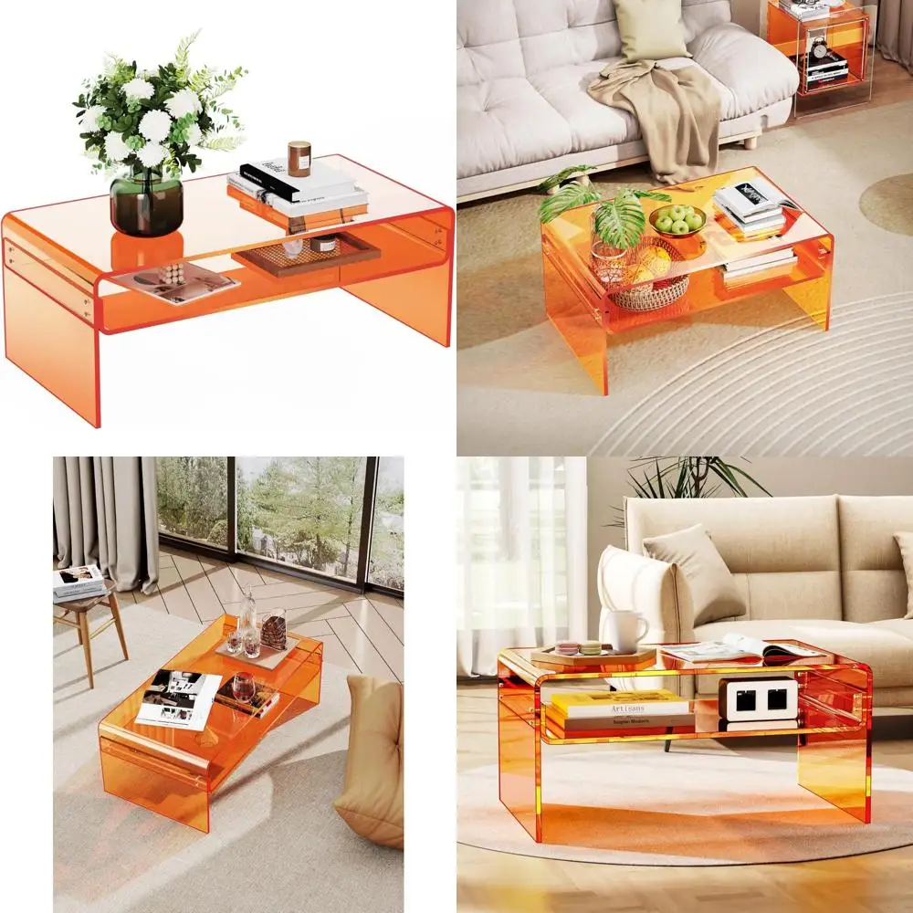 

Modern Lucite Clear Rectangular Coffee Table with Orange Accents and Open Storage Shelf for Living Room