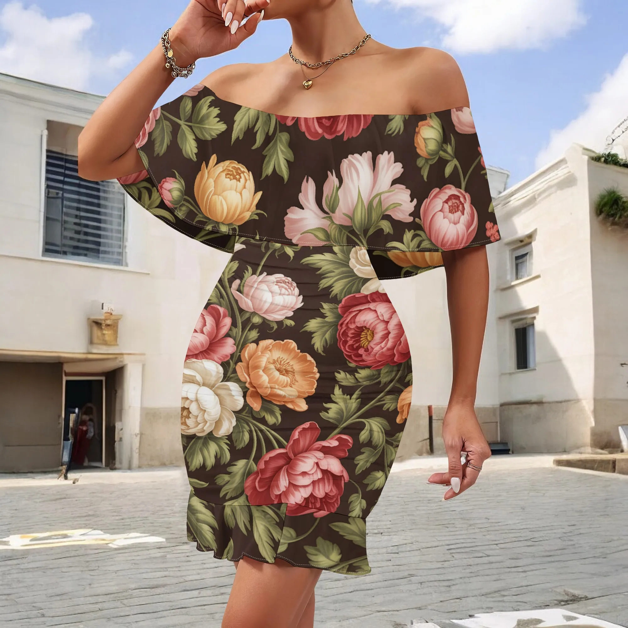 

Women's Floral Mini Dress Vintage Off Shoulder Ruffle Sleeve Bodycon Dress for Party Vacation Wear S-3XL