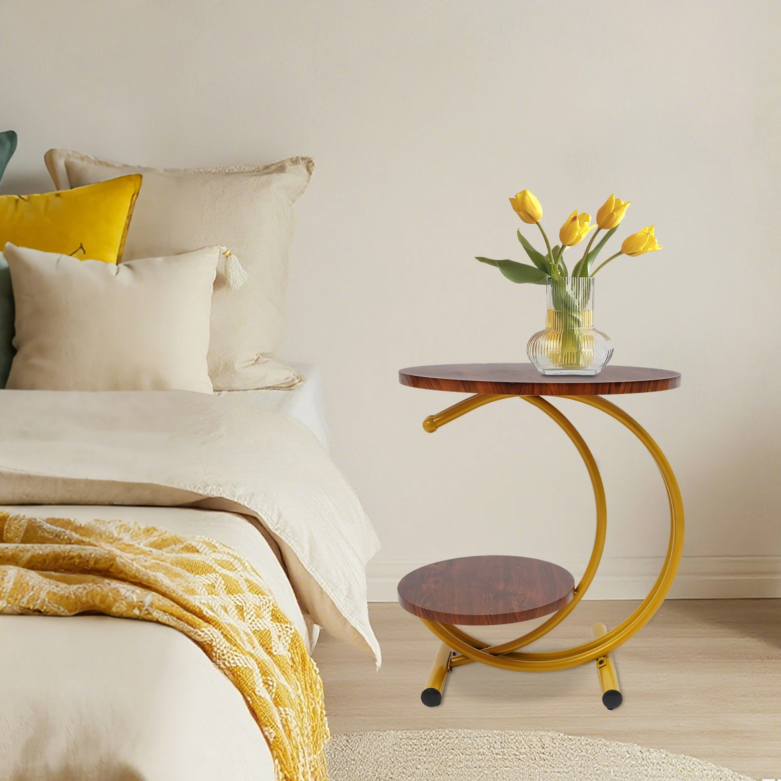 2-Tier Side Table Round End Table with Storage Shelf for Living Room, Bedroom