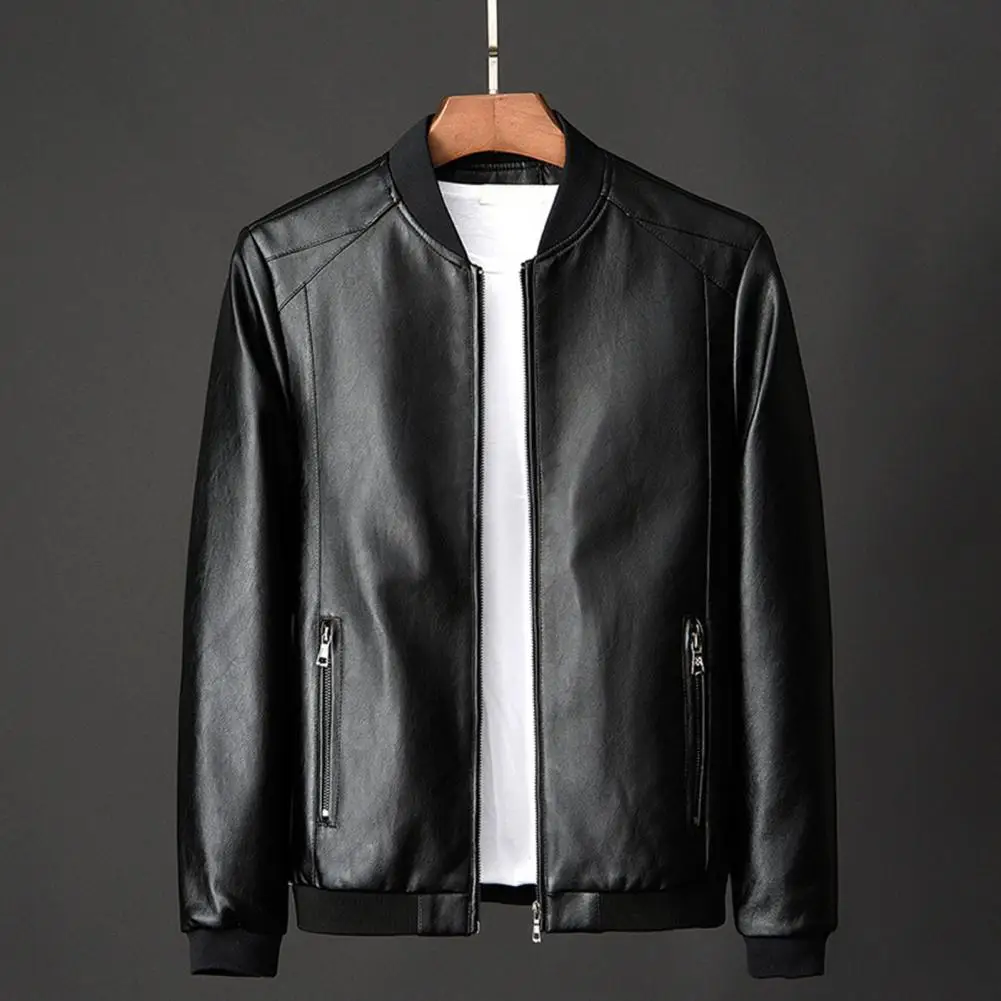 

Men Motorcycle Jacket Faux Leather Stand Collar Zipper Closure Mens Moto Biker Leather Coat Autumn Men Outerwear 2023 Men Jacket