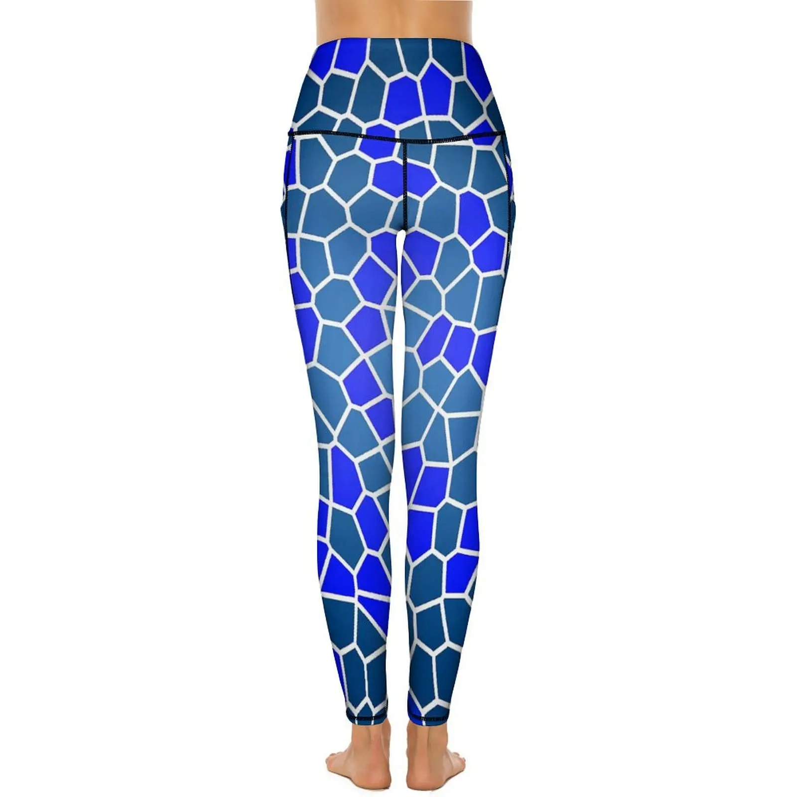 Pantaloni da Yoga geometrici Vintage tasche Leggings a mosaico blu collant sportivi da Yoga a vita alta Sexy Leggins elastici da palestra per il Fitness