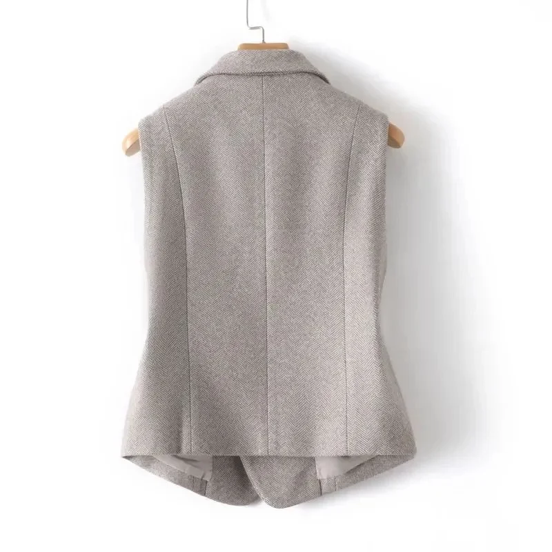 Damska Kamizelka Khaki Bez Rękawów Żakiet Krótka Kamizelka Płaszcz Jesień Zima Damskie Uniwersalne Blejzery Codzienne Topy Wąskie Płaszcze Top