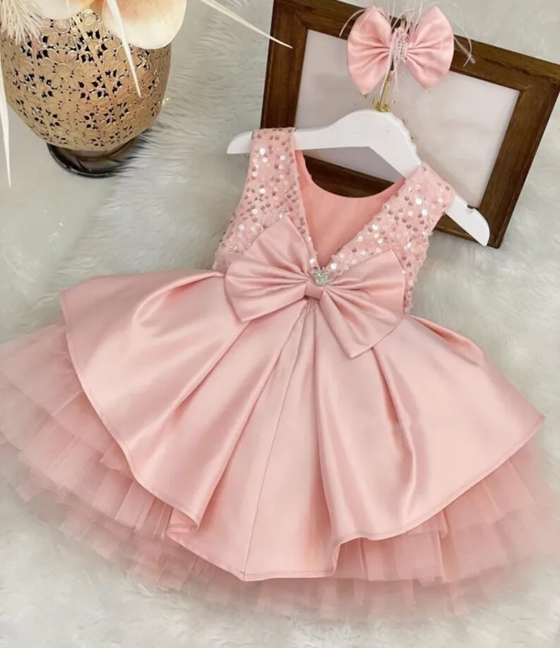 

Shiny Powder Sleeveless Pink Sequin Flower Girl Dress Toddler Baby Girl Dress for Birthday First Communion Photography