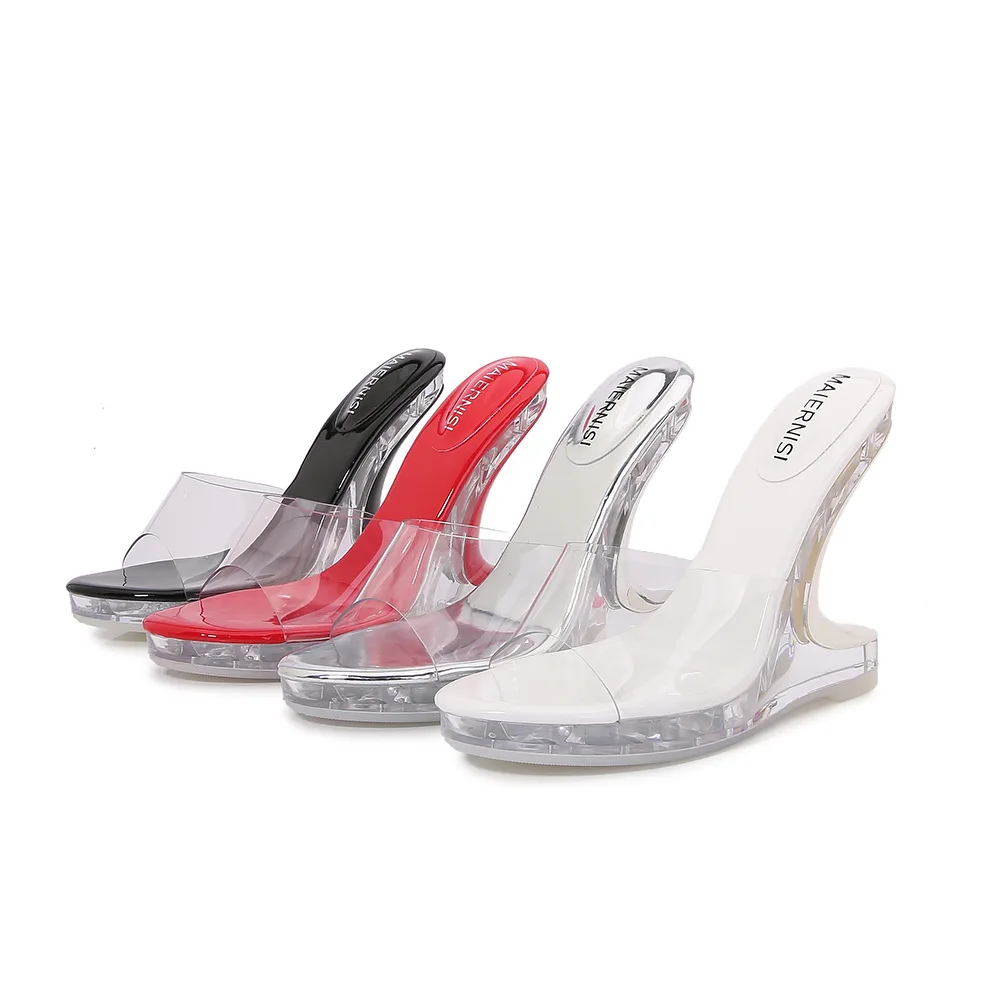 

New 12cm High Heel Sandals Slippers Women Slope Heel Versatile Transparent Banquet Crystal Open Toed Outerwear, Fishmouth Shoes