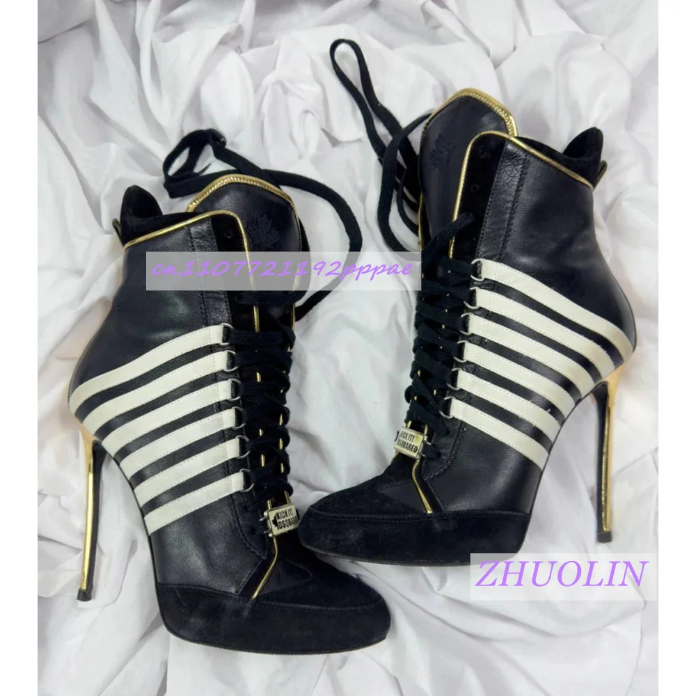 Ladies' Black White Striped High-Top Sporty Boots Women'S Luxury High-Heeled Lace-Up Boots Fashion Designer Party Ankle Boots 47