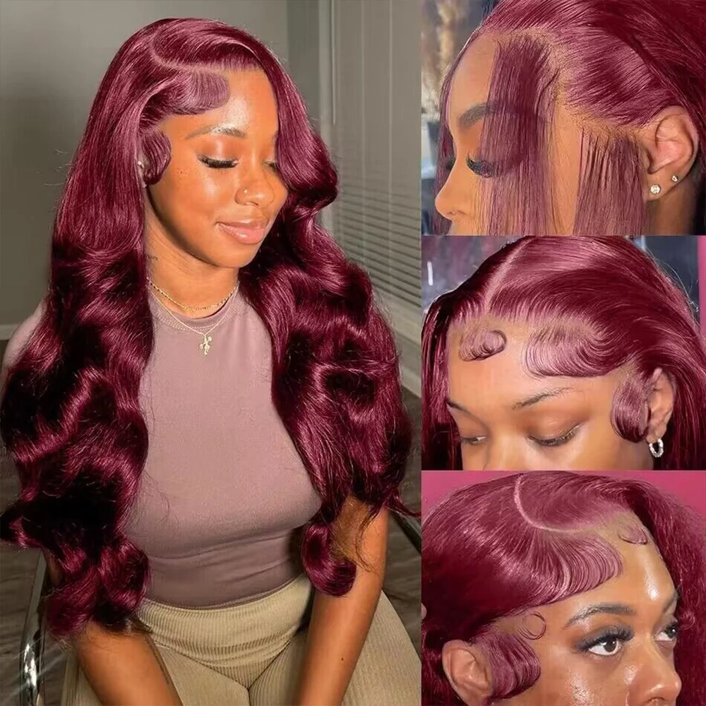 99j burgundy 13x6 Lace Front Human Hair 200 Density Body Wave 36 Inch Red Colored Lace Frontal Wigs Brazilian For Women