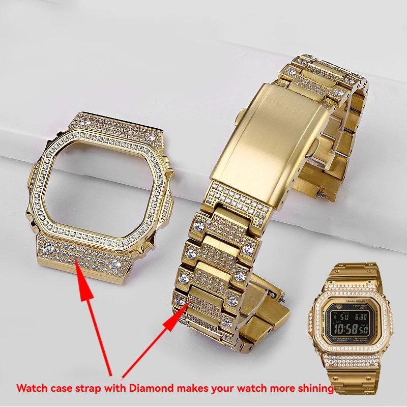 Juego de bisel y banda de diamantes personalizados para Casio G-Shock GM-5600/DW5600/DW5610 |   Set con diamantes Mod Kit |   Actualización de estuche y correa