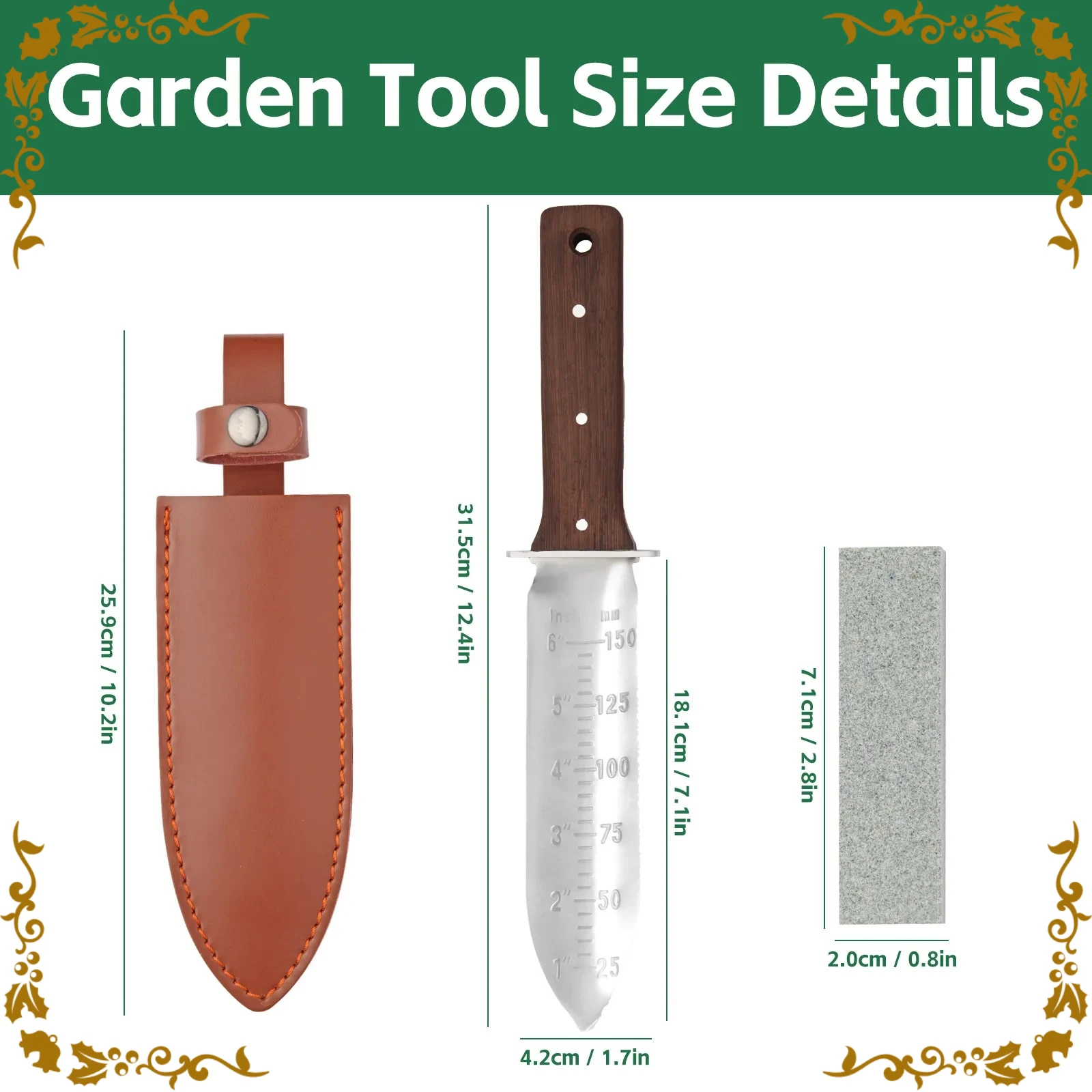 For Weeding, Digging Garden Knife with Leather Sheath and Sharpening Stone, Garden Soil Knife Tools Gifts