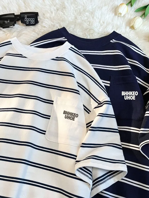 

Loose Fit Men's Stripe T-irt Pure Cotton ort Sve Breathable Summer Faionable Tee for Students Couples Casual Wear