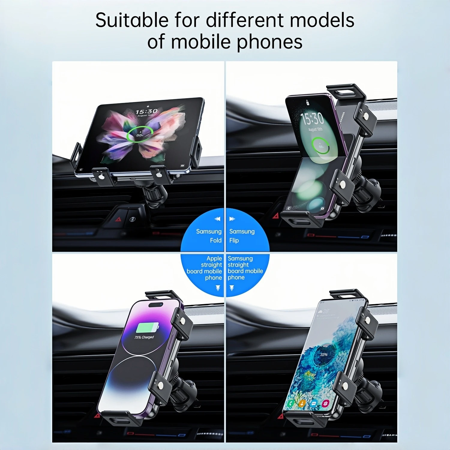 15W Universal Car Phone Wireless Charger Holder 360° Rotation Mount for Galaxy Z Flip & Fold 7 6 5 S26 S25 Iphone 17 16