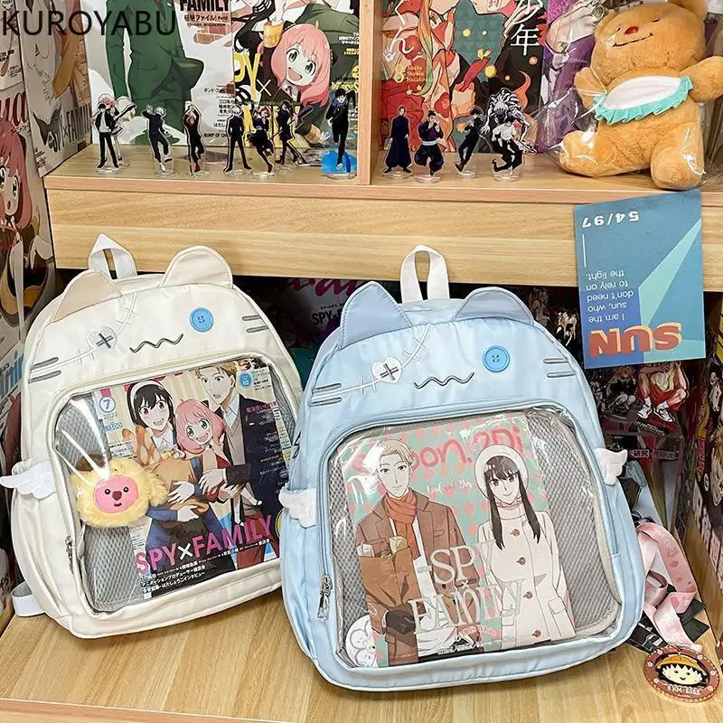 

Y2K Cute Cat Bag for Women's Nylon Backpack Preppy Style Transparent Pocket Harajuku School Backpacks Kawaii Girls Commute Bag
