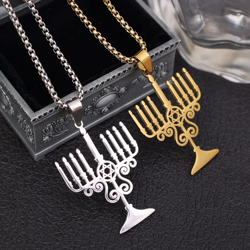 Judaica Israel Lamp Hanukkah Menorah Necklace for Women Men Stainless Steel Silver Color Star Candlestick Necklace Jewelry Gifts