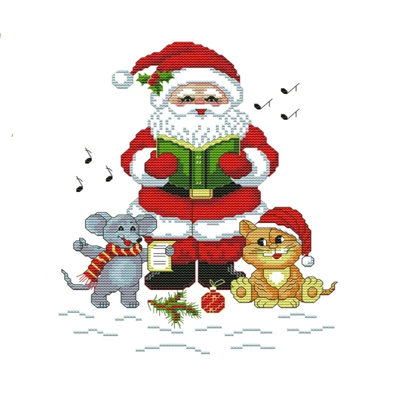 Joy Sunday 100% Cotton Thread Cross Stitch Kits 11CT 14CT Printed Santa Claus with Cat and Mouse Cross Stitch Patterns