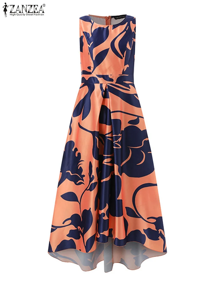 ZANZEA Summer Elegant Sleeveless Printed Party Dress Women Asymmetrical Hem Midi Sundress Bohemian Floral Holiday Vestidos Robe