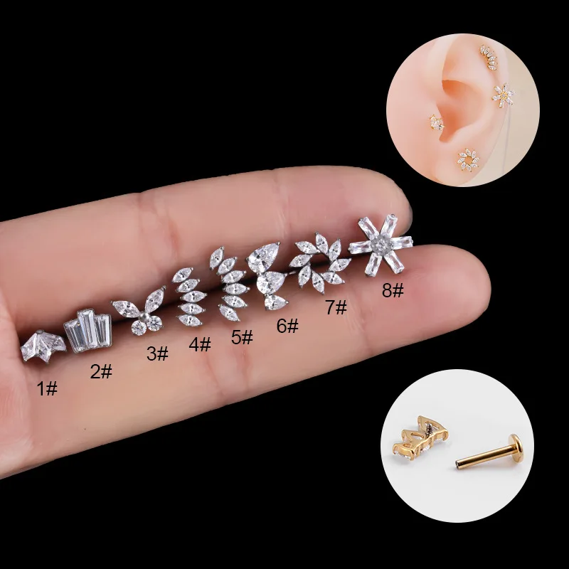 1PCS Crown Butterfly Shaped Top G23 Titanium Labret Monroe Bar Lip Ring Jewelry 16 Gauge Prong CZ