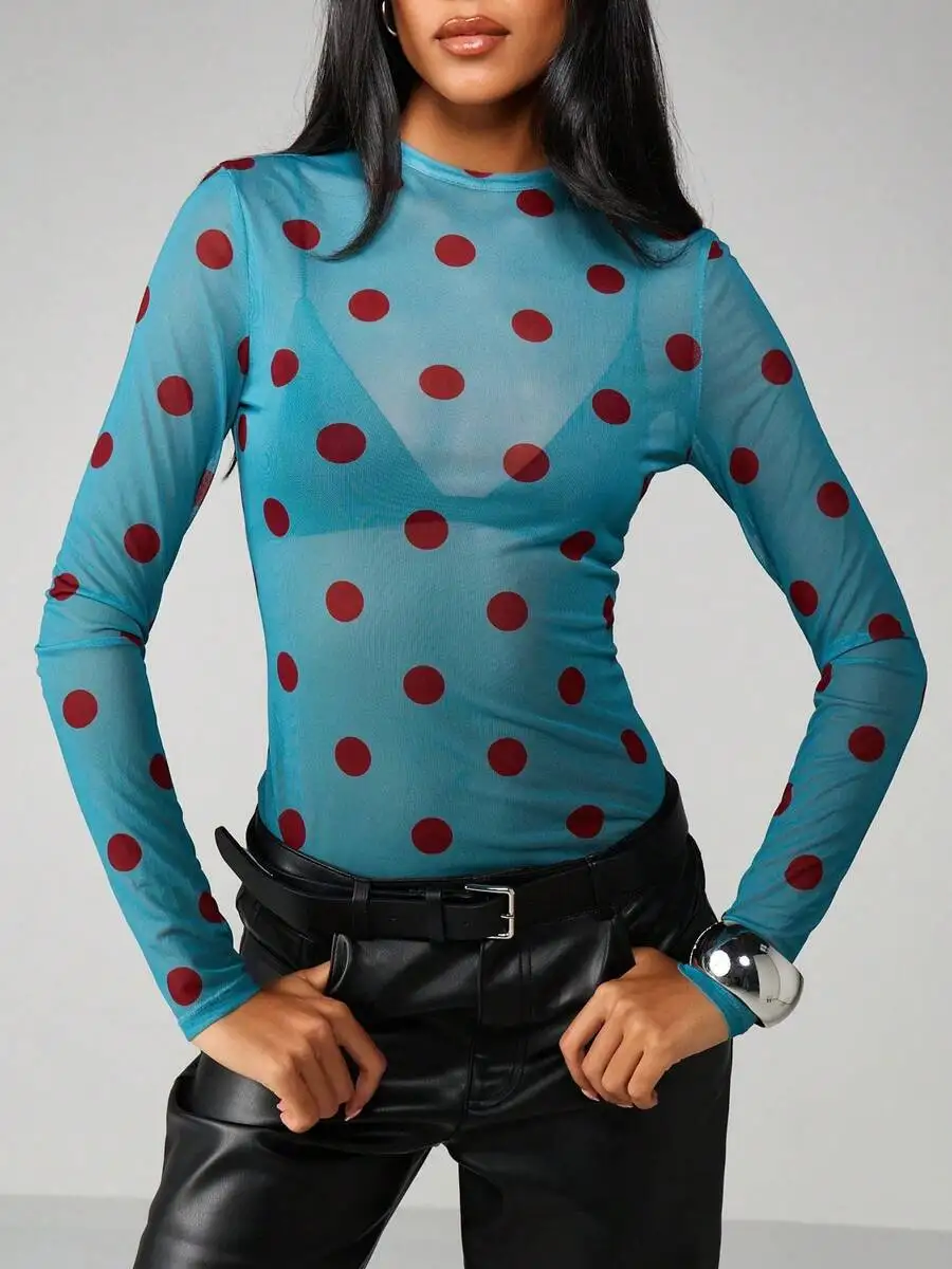 

Women Crew Neck Polka Dot Sheer Mesh Long Sleeve Slim Fit Crop Top Spring Summer Clubwear