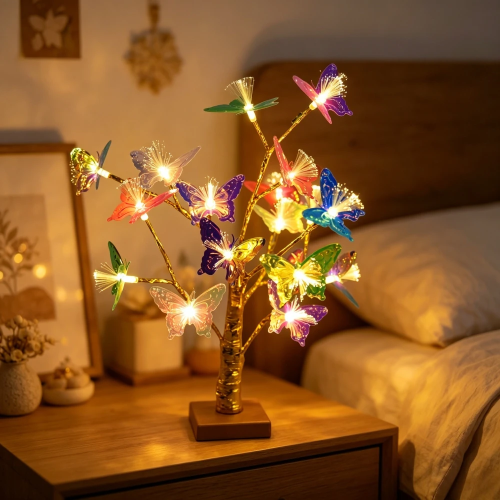 1PC 18LED Golden Birch Table Lamp with Colorful Butterfly Decoration, LED Desktop Nightlight, Indoor Home Wedding Decoration