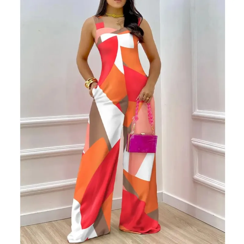 New trend printed fashionable jumpsuit for women's summer suspender fashion casual wide leg jumpsuit mono mujer verano