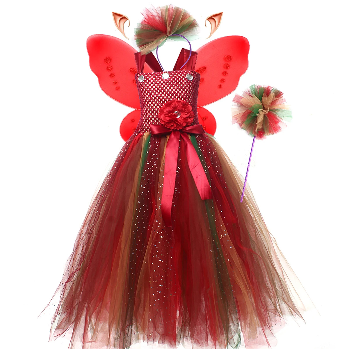 Fall Woodland Fairy Tutu Dress for Girls Birthday Party Dresses Ball Gown Kids Forest Fairy Princess Costume with Butterfly Wing