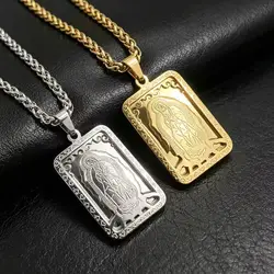 HNSP Stainless Steel Virgen De Guadalupe Mary Pendant Square Medal Necklace Religious Catholic Jewelry Accessories