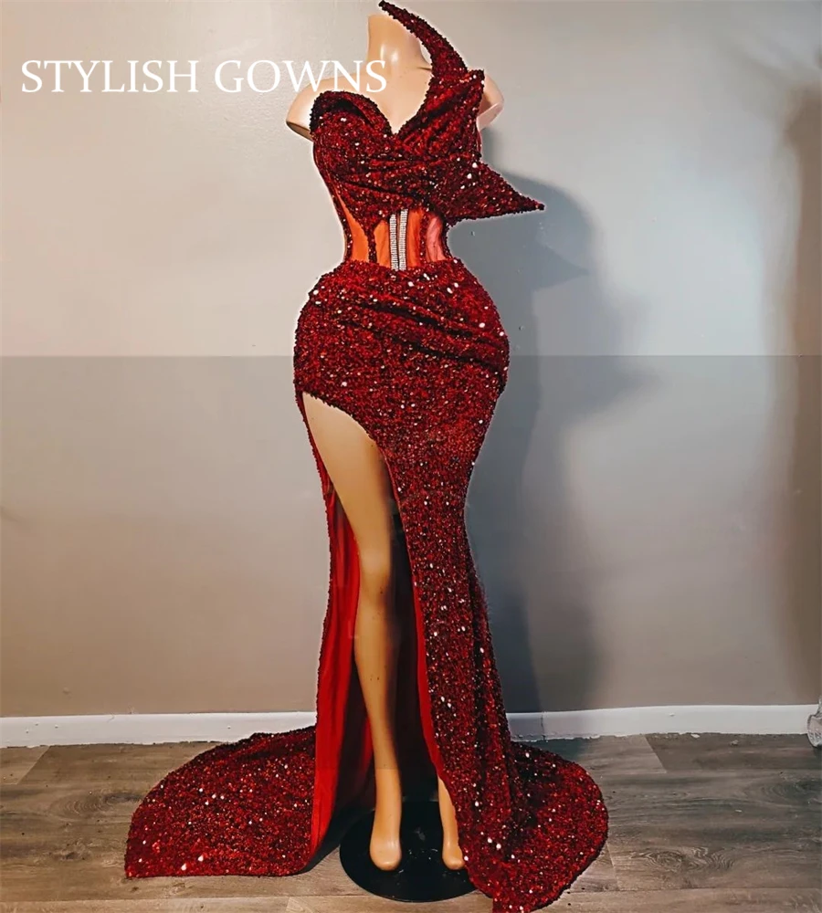 Luxury Burgundy Strapless Long Prom Dress For Black Girls Sequined Birthday Party Gowns Ruffles Slit Evening Dresses Customized