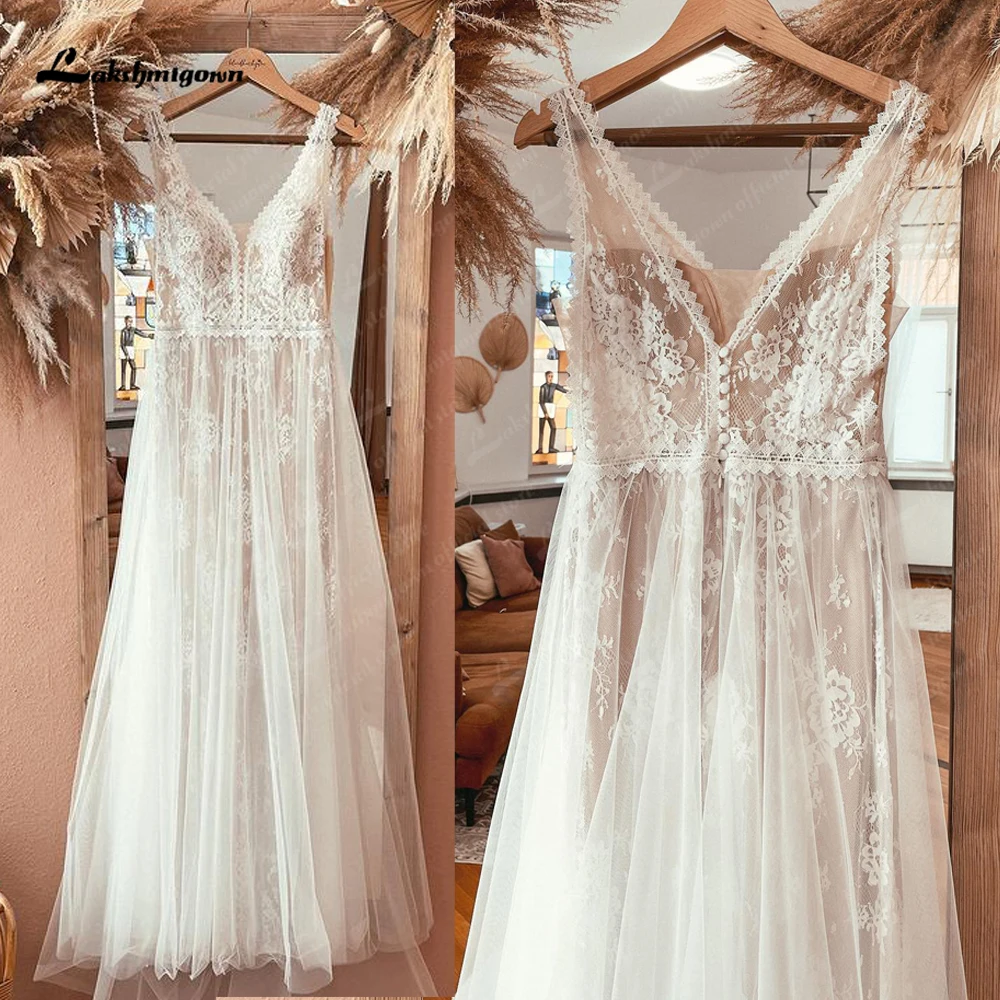 

Lakshmigown Vestidos V Neck Backless Lace A Line Boho Wedding Dress 2023 Summer Robe De Mariage Civil Bridal Gown for Women