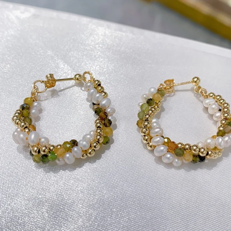 SGARIT Layered Natural Freshwater Pearls Wound Earrings for Women 14k Gold Filled Pearl Earrings with Tourmaline Chic Jewelry
