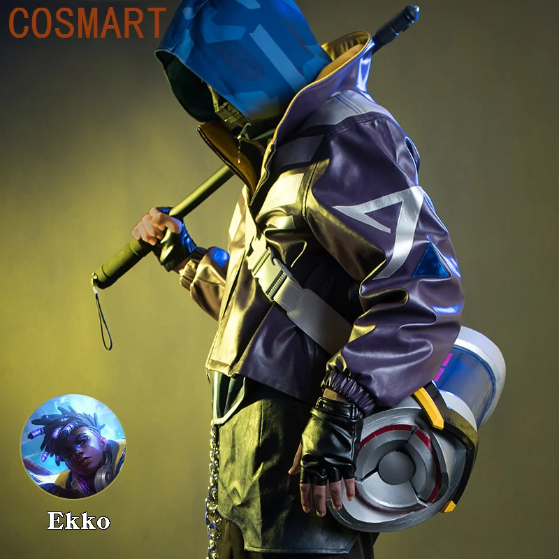 Game LOL True Damage Ekko Cosplay Costumes Fancy PU Hoody Coat Jacket Pants Halloween Carnival Uniforms Men Casual Outfit